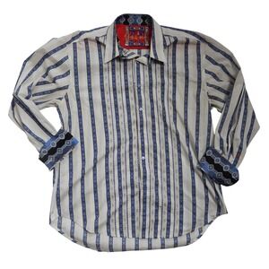 Robert Graham Mens XL Button Down Shirt White Blue Geometric Stripe Embroidered
